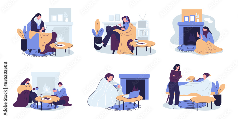 Wall mural People freezing, shivering from cold at home set flat vector illustration design