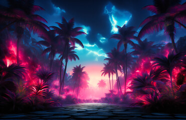 Fototapeta na wymiar neon blue and pink background with palm fronds in the smoke
