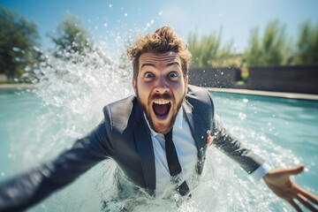 Excited businessman in an expensive suit shouting and gesturing while standing in the pool.