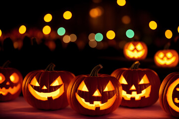 Fototapeta premium Laughing carved Halloween pumpkins on the lawn at night. Spooky wallpaper with a glowing Jack-o-lantern on the grass as a decoration for October 31st