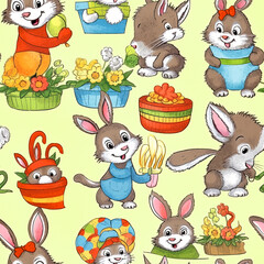 Fototapeta premium Seamless pattern with a bunch of fluffy cartoon animals sitting next to each other on a colored background.