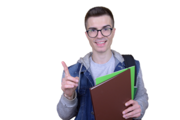 Smiling student in glasses holds books and notebooks, pointing upward with a finger, against a transparent background. Suitable for a variety of educational platforms.