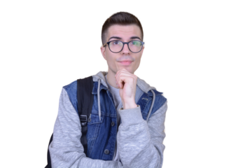 Thoughtful Handsome Student in Glasses and Contrast Sleeves with a Backpack, leaning on His Chin and looking upwards on a transparent background. Ideal for university, school, or banner websites.