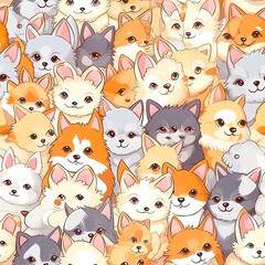 Seamless pattern with a bunch of fluffy cartoon animals sitting tightly on top of each other.