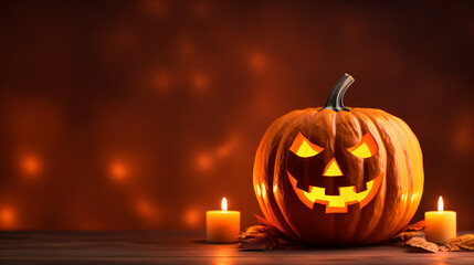 Carved Lit Pumpkin or Jack-O-Lantern with Candle Next to It on Bright Orange Background with Copy Space - Halloween and Spooky Season Theme - Generative AI