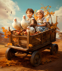two children on a wooden cart in the field. Ai generated