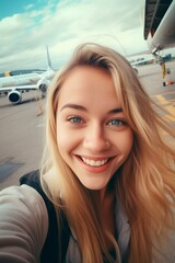 happy woman taking a selfie at the airport