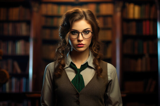 Female Librarian Against A Background Of Books With Glasses And Green Tie