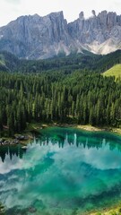 drone photo Carezza lake, lago di carezza dolomites italy europe