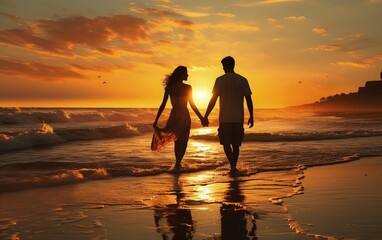 Fototapeta premium Couple walking on the beach at sunset. Man and woman holding hands