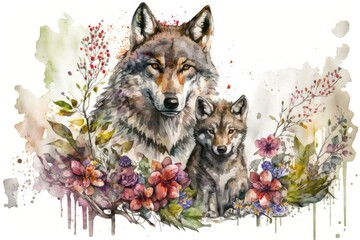 Watercolor illustration of a wolf family with flowers and leaves on white background