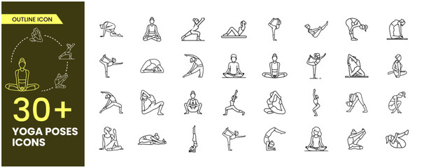 Fototapeta na wymiar A collection of yoga poses icons. Line Woman of yoga poses. Set of linear Yoga pose icons. Pilates poses set Outline icon collections.