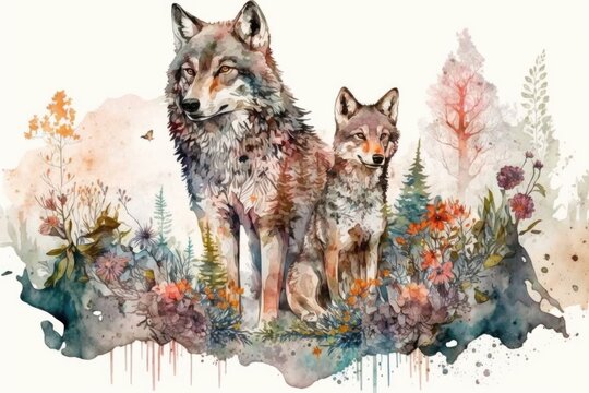 Watercolor illustration of a wolf family on a background of the forest
