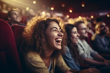 group of diverse female friends laughing while watching the show - obrazy, fototapety, plakaty