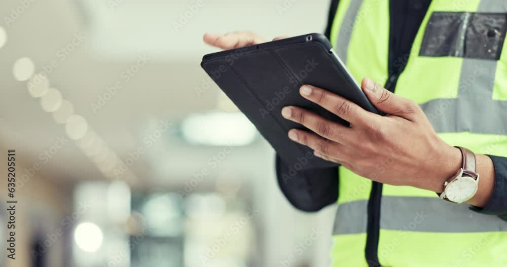 Poster engineering person, hands and tablet for construction planning, project management and blueprint sof