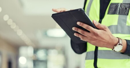 Engineering person, hands and tablet for construction planning, project management and blueprint software. Professional designer or architecture worker scroll on digital technology in office building - Powered by Adobe