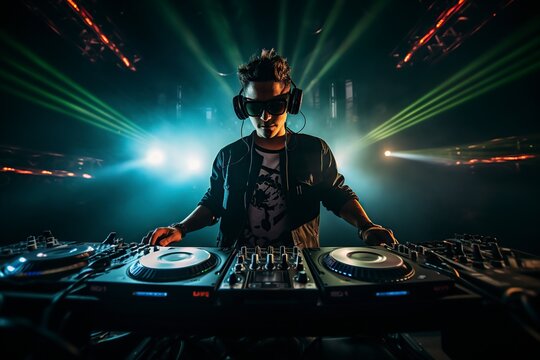 dj in action at a music party concert at night