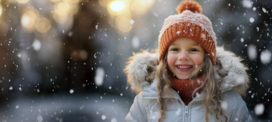 A young girl watches in wonder at the first snowfall of the season, her face glowing with enchantment. Capturing natural beauty and childhood innocence in winter.