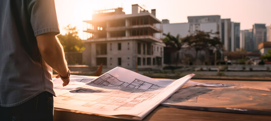 An architect scrutinizes building plans on a rooftop, overseeing an outdoor construction project, reflecting expertise and commitment to design excellence.