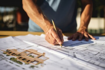 An architect scrutinizes building plans on a rooftop, overseeing an outdoor construction project, reflecting expertise and commitment to design excellence.