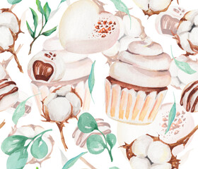 Watercolor seamless pattern. White emenets - cakes, eucalyptus, candies. White dessert. Romantic design for backgrounds, textile, wrapping paper, gifts, presents, congratulations, home decor, fabric