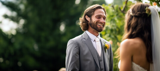 Fototapeta premium Candid photo of a joyful groom at an outdoor summer wedding, surrounded by nature. His authentic happiness shines, capturing the essence of this lifestyle milestone.