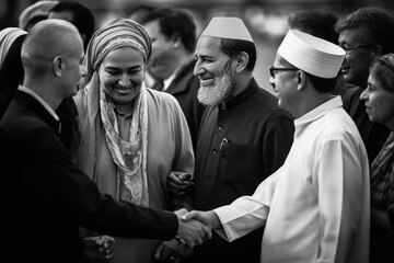 Leaders from various faiths engaged in interfaith dialogue, promoting peace, tolerance, unity, and harmony among cultures, showcasing friendship across religions.