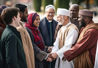 Leaders from various faiths engaged in interfaith dialogue, promoting peace, tolerance, unity, and harmony among cultures, showcasing friendship across religions.