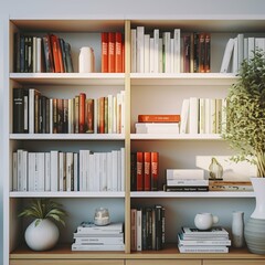 Bookcase with books in a modern white house. Generative AI