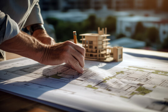 An architect scrutinizes building plans on a rooftop, overseeing an outdoor construction project, reflecting expertise and commitment to design excellence.