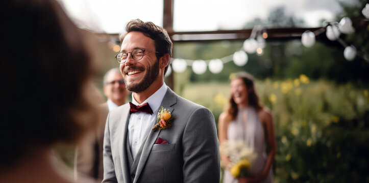 Candid photo of a joyful groom at an outdoor summer wedding, surrounded by nature. His authentic happiness shines, capturing the essence of this lifestyle milestone.