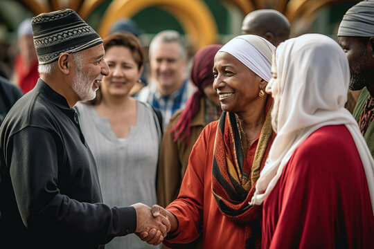Leaders from various faiths engaged in interfaith dialogue, promoting peace, tolerance, unity, and harmony among cultures, showcasing friendship across religions.