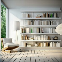 Fototapeta na wymiar Bookcase with books in a modern white house. Generative AI