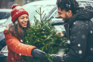 Happy young couple putting a tree with sod in the car, preparing for the Christmas and New Year holidays.