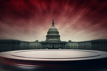 Grunge Political Debate Stage: Circular Ring in Front of USA White House Capitol Building  Congress Senate Landmark Generative AI