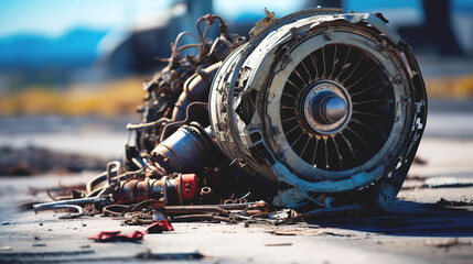 The wreckage of a civil aircraft lies on the road in an accident close-up