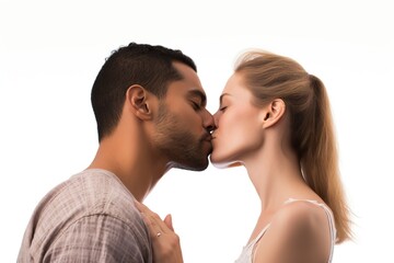 beautiful white american heterosexual couple kissing and looking at each other