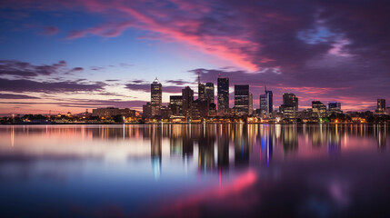 City skyline at dusk, night lights starting to sparkle, buildings reflecting on the calm river, dramatic sky, crisp and clear