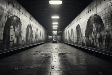 a grungy subway station in Berlin, capturing the urban decay and beautiful chaos