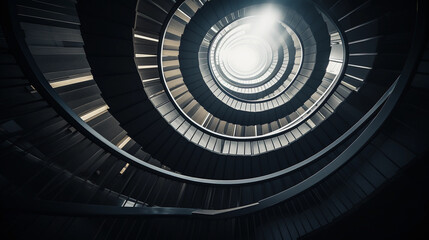 Into the urban abyss: Abstract shot of a spiral staircase in a skyscraper, repeating patterns, vanishing point, play of light and shadow