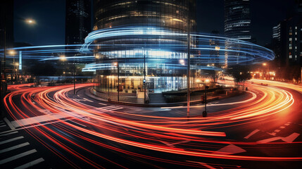 Long exposure of busy intersection, dynamic light trails forming a mesmerizing pattern, urban chaos