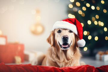 Portrait of cute dog on cosy sofa at home, celebrating Christmas holidays wearing a red Santa Claus hat. Decorated Christmas tree and Christmas lights in background.