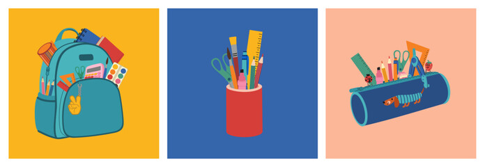 Set of school supplies. Backpack, stand for pens and pencil case with diverse stationery. Hand drawn vector illustration isolated on colored background. Modern flat cartoon style.