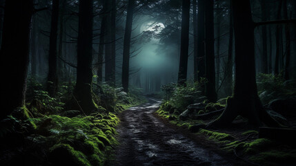 Moonlit path through a dense forest, ethereal and mystical, cool tones