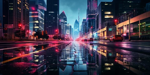 Papier Peint photo Pékin Neo - noir cityscape under full moon, towering skyscrapers bathed in neon colors, light trails from traffic, reflections on wet pavement