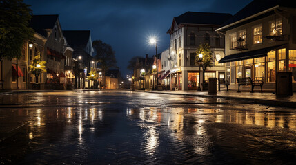 Fototapeta na wymiar quiet charm of a small town square at night, softly lit buildings, a gentle rain, puddle reflections