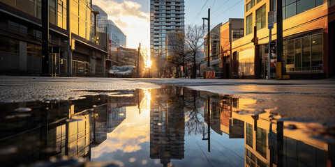 Reflections of the city: A cityscape mirrored in a still puddle, distorted reality, poetic...