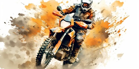 AI Generated. AI Generative. Enduro moto cross offroad motorbike motorcycle dirty road outdoor watercolor paint draw art. Can be used for sport motivation promotion