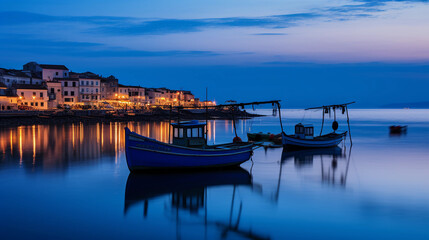 Fototapeta na wymiar Seaside town at dusk, ambient glow from houses, silhouette of fishing boats, peaceful and calming