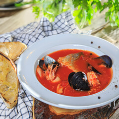 seafood tomato soup in a white plate on a rustic wooden table with a checkered serving napkin and toasted bread